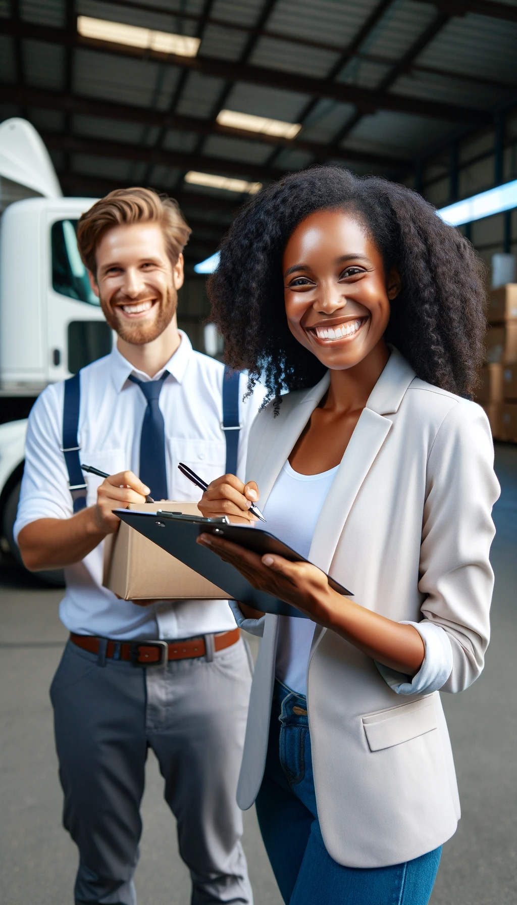 DALL·E 2024-01-08 14.52.11 - A portrait-oriented image of a light-skinned black woman, who is a warehouse manager, joyfully signing off on a box truck delivery with a white driver